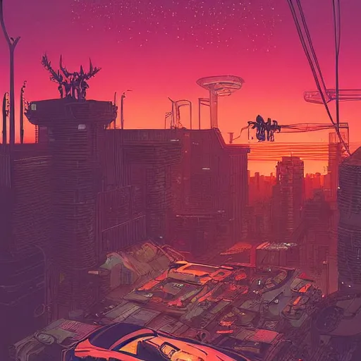 Image similar to Stunning illustration of single cyberpunk explorer overlooking lush forest filled with abandoned cars and robots , highly detailed, sunset, by Victo Ngai and James Gilleard , Moebius, Laurie Greasley