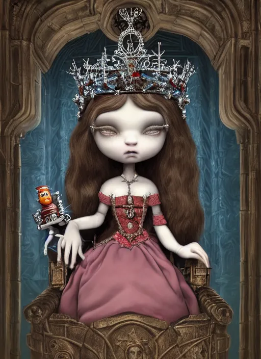 Image similar to highly detailed closeup portrait of a gothic nurse princess wearing a crown and sitting on an ice throne surrounded by cute tin toy retro robots, nicoletta ceccoli, mark ryden, lostfish, earl nore, hyung tae, frank frazetta, global illumination, god rays, detailed and intricate environment