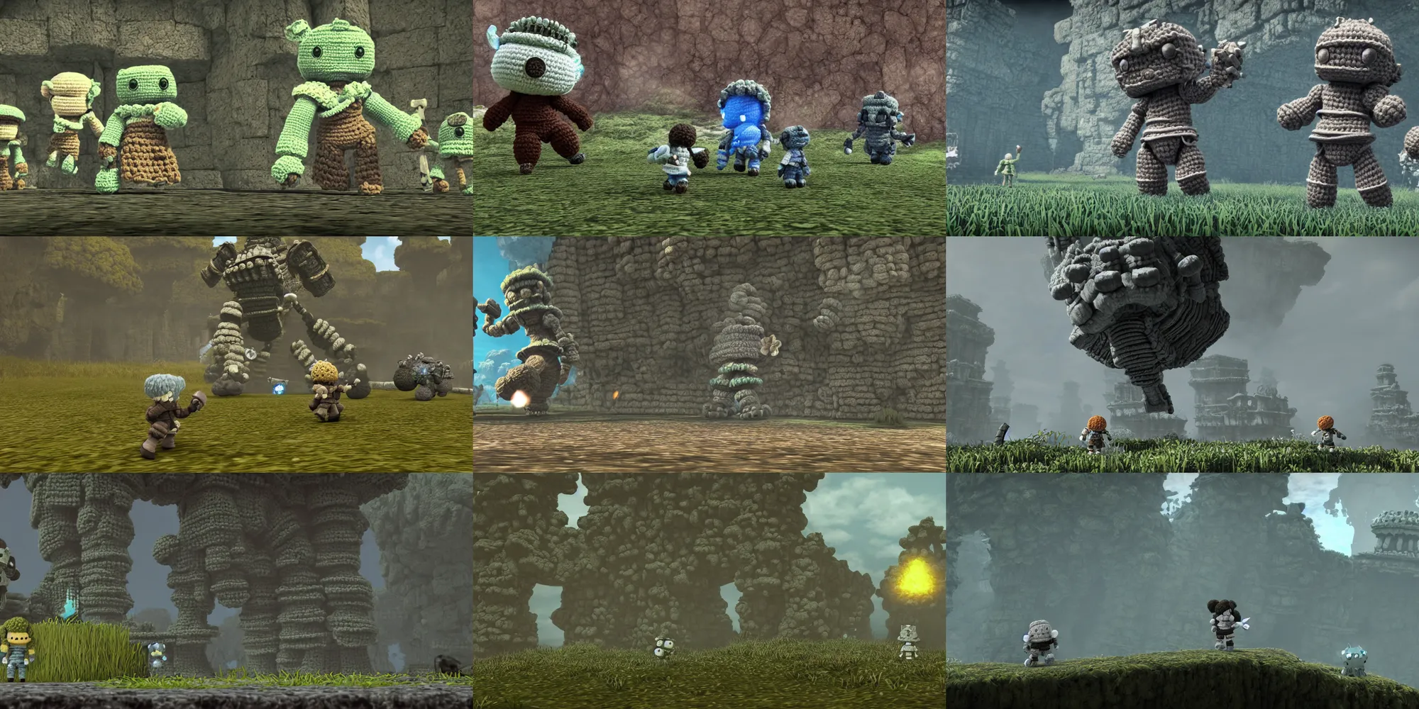 Prompt: ultra wide, amigurumi shadow of the colossus screenshot, tearaway, little big planet