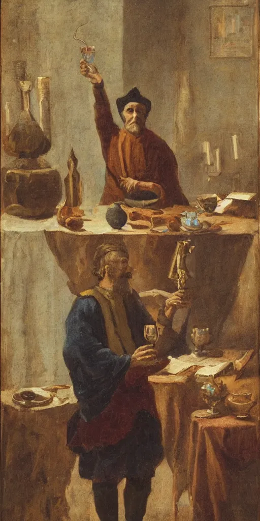 Image similar to a mystical man with a goblet on the table