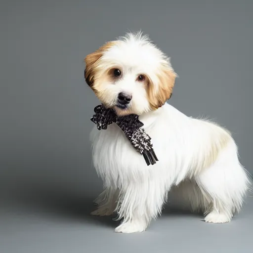 Image similar to cream - colored havanese dog as beyonce, fashion photography, studio lighting