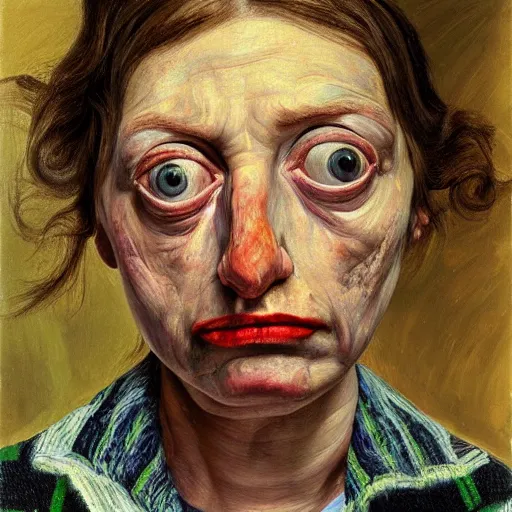 Image similar to high quality high detail painting by lucian freud, hd, scared woman, big eyes, vivid colors, photorealistic lighting