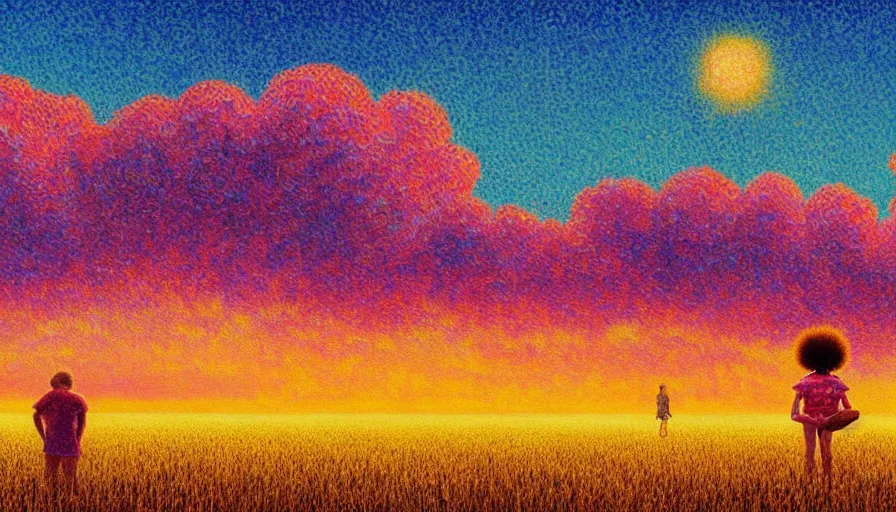 Prompt: daisy afro head, full body, girl watching sunset, empty wheat field, surreal photography, colorful clouds, tree, impressionist painting, colorful clouds, digital painting, pointillism, artstation, simon stalenhag