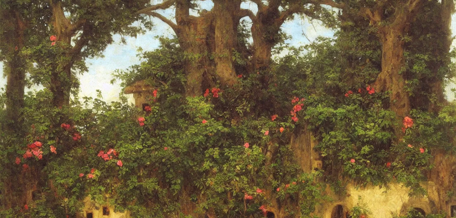 Image similar to Huge flowers growing on tree trunks and holes in buildings, Hudson River school