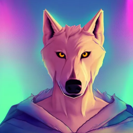 Image similar to portrait of a male humanoid cartoonish wolf with white snout, blue head and light yellow hair looking to the side, synthwave style