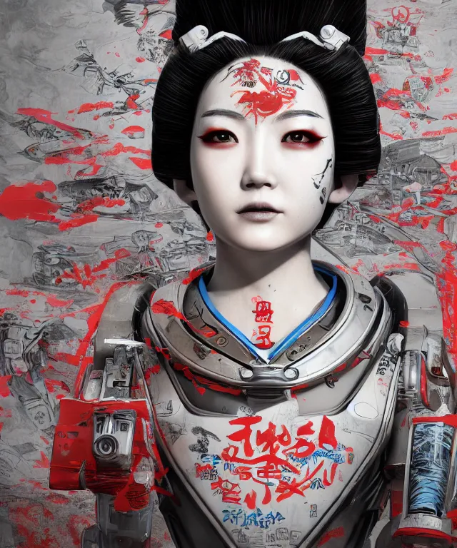 Image similar to an epic fantastic realism comic book style portrait painting of a japanese robotic geisha with kanji tattoos and decals, apex legends, octane render, intricate detail, 4 k hd, unreal engine 5