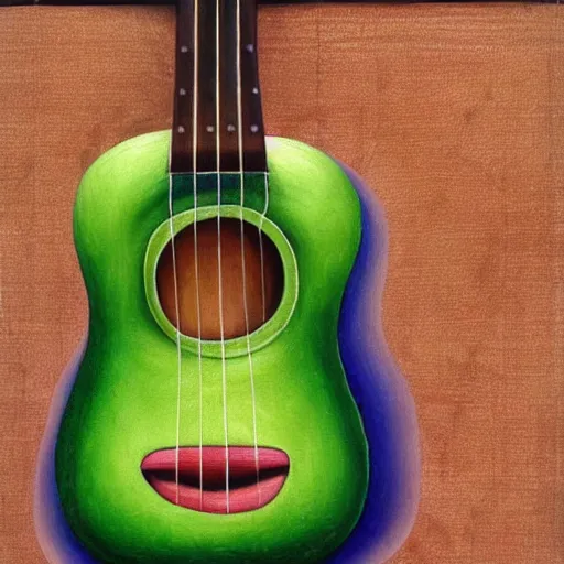 Image similar to avocado ukulele painted by mati klarwein