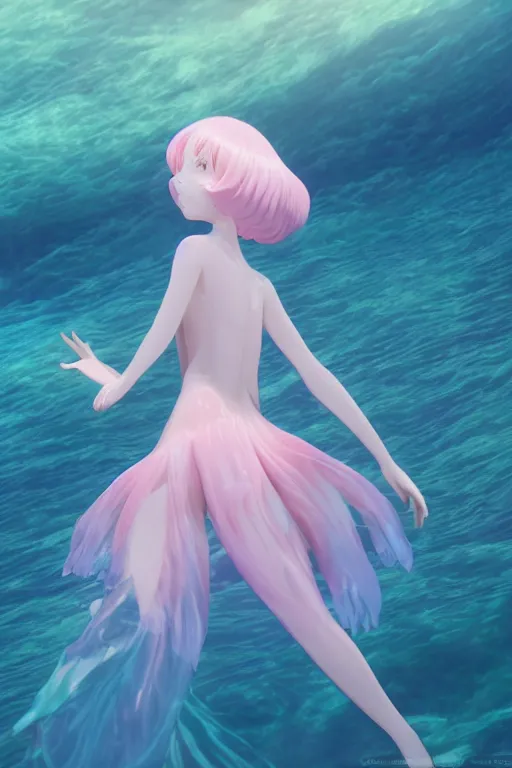 Prompt: 3D CG anime Land of the Lustrous Houseki no Kuni character Ventricosus translucent very light pink jelly woman with thick chest size and pink transparent bouffont dress frills standing at the bottom of the ocean near the surface, sun rays shine through the water, beautiful composition, 3D render, cel shaded, 8k, key visual, made by Haruko Ichikawa, Makoto Shinkai, studio Ghibli, Kyoto Animation