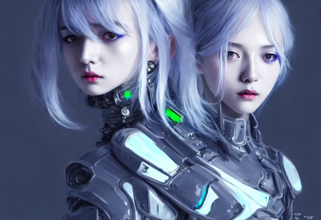 Image similar to portrait grey blue hair of futuristic ploice girl, matt black plus little yellow color armor in future shibuya 1 0 9 japan, ssci - fi and neon light fantasy, intricate and beautiful and elegant, highly detailed, digital painting, artstation, concept art, smooth and sharp focus, illustration, art by tian zi and wlop and alphonse mucha