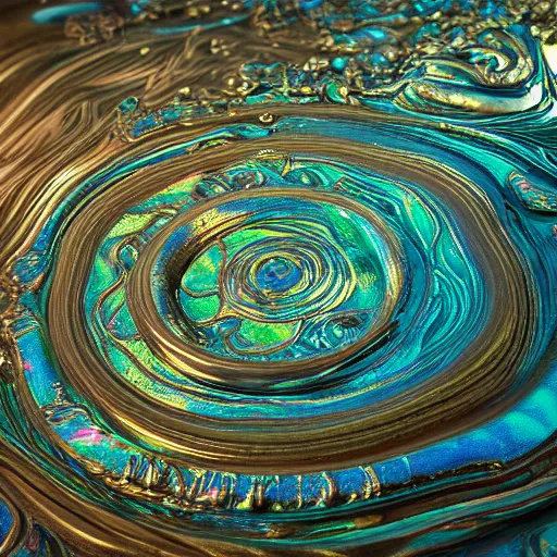 Image similar to Art Nouveau cresting oil slick waves, hyperdetailed bubbles in a shiny iridescent oil slick wave, ornate copper patina medieval ornament, rococo, oganic rippling spirals, octane render, 8k 3D