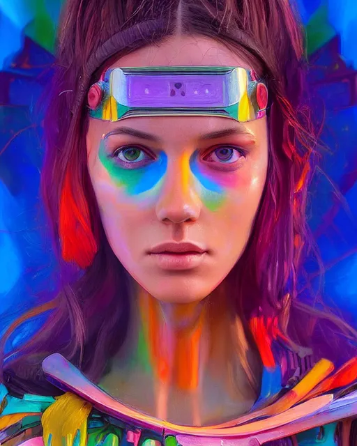Prompt: colorful portrait of a brunette hippie, but set in the future 2 1 5 0 | highly detailed | very intricate | symmetrical | professional model | cinematic lighting | award - winning | painted by mandy jurgens | pan futurism, dystopian, bold psychedelic colors, cyberpunk, anime aesthestic | featured on artstation