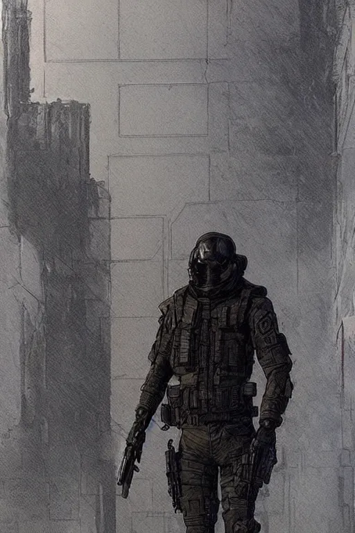 Prompt: the ghost. blackops mercenary in near future tactical gear, stealth suit, and cyberpunk headset. Blade Runner 2049. concept art by James Gurney and Mœbius.