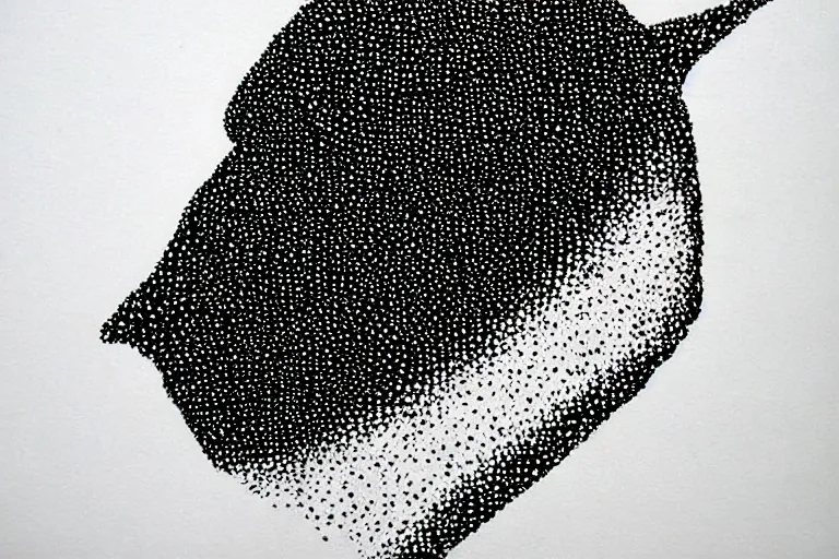 Image similar to black figure with white eyes, faceless people dark, dots, drip, stipple, pointillism, technical, abstract, minimal, style of francis bacon, asymmetry, pulled apart, cloak, hooded figure, made of dots, abstract, balaclava, colored dots