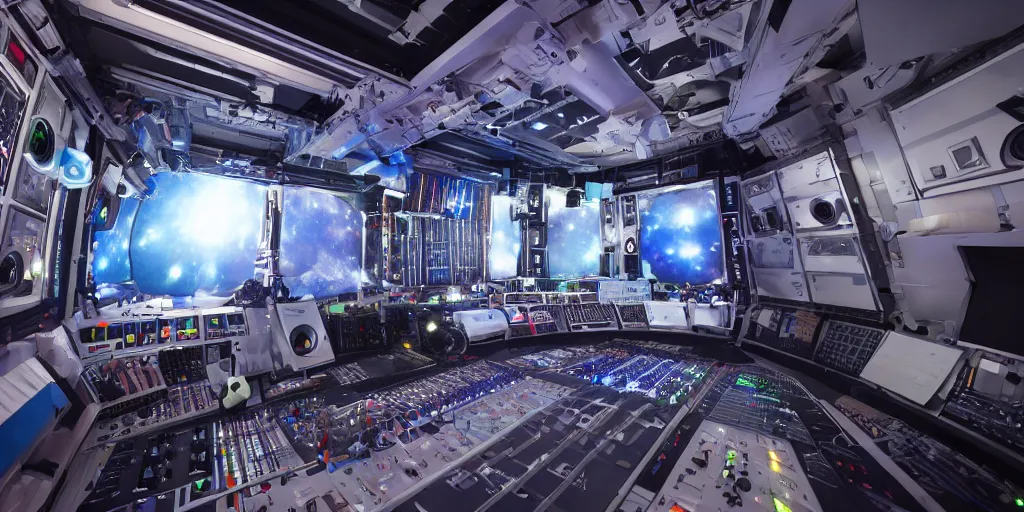 Image similar to giant speaker system music recording studio in the interior of an international space station. filled with electronic dj equipment, modular synthesizer with cables everywhere. hologram antimatter projection system. photorealistic 35mm 4k cgsociety