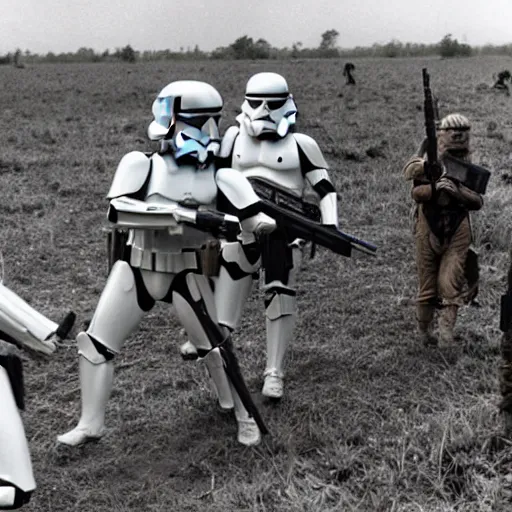 Prompt: star wars clone troopers offer aid to soldiers in vietnam, photo, old picture, lush landscape, field, firearms, war, bombs, explosions, x - wings, tie fighters, aerial combat, active battle zone, in trenches, star wars droid battle, jedi master, land mines, gunfire, grenades, violence, tanks, lasers