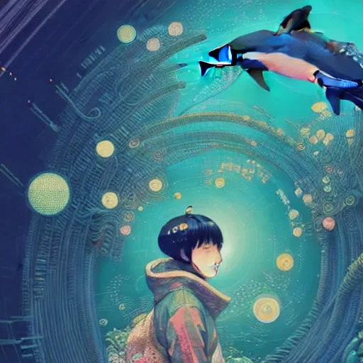 Image similar to a beautiful hyperdetailed character design 4 k wallpaper illustration of a cute dolphin, victo ngai cyberpunk style, from china, style of studio ghibli, makoto shinkai, raphael lacoste, louis comfort tiffany, artgerm, james jean, ross tran, chinese style