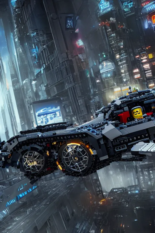 Prompt: the lego batmobile driving through a futuristic city. view from the cockpit. cyberpunk. highly detailed. intricate. octane render. rim light. photoreal. 8 k. monochrome. cinematic. in the style of ash thorp and craig mullins.