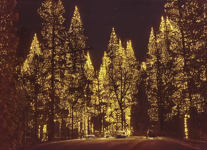 Image similar to a 2 8 mm macro kodachrome photo of ornate mechanical metallic trees with glowing lights and twisted electric wires in yosemite national park in the 1 9 5 0's, seen from a distance, bokeh, canon 5 0 mm, cinematic lighting, film, photography, golden hour, depth of field, award - winning, cyberpunk, neon