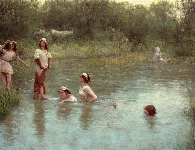 Prompt: peasant girls swimming in a river, cottage core, cinematic focus, polaroid photo bleached vintage pastel colors high - key lighting, soft lights, foggy, by steve hanks, by lisa yuskavage, by serov valentin, by tarkovsky, 8 k render, detailed, oil on canvas