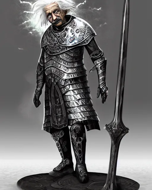 Image similar to albert einstein wearing daedric armor wielding a daedric battleaxe d & d detailed photo photorealistic