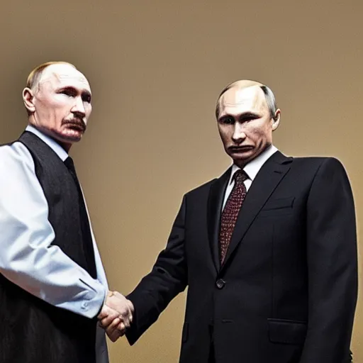 Prompt: Walter White and Vladimir Putin shaking hands, 8k, dslr, cinematic,