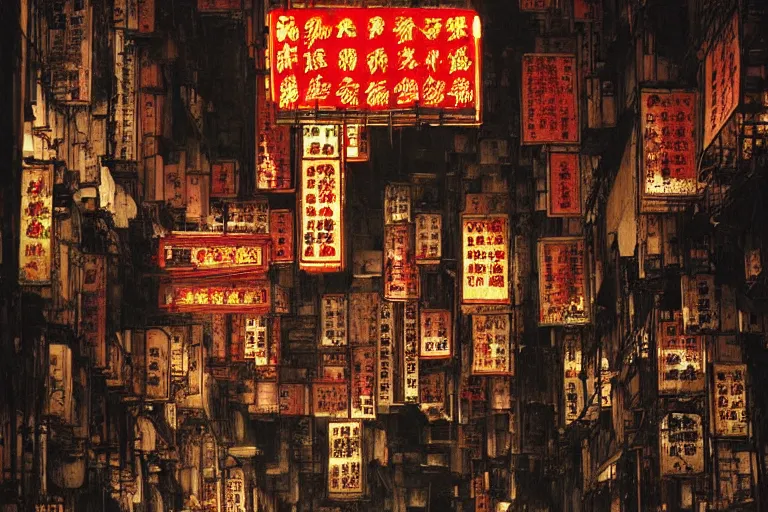 Prompt: kowloon walled city at night, by yoshitaka amano