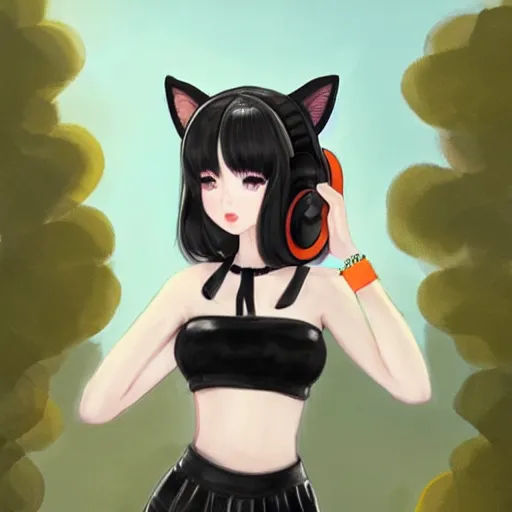 Image similar to realistic beautiful gorgeous natural cute Blackpink Lalisa Manoban black hair fur black cat ears, wearing white camisole summer outfit, headphones, black leather choker artwork drawn full HD 4K highest quality in artstyle by professional artists WLOP, Aztodio, Taejune Kim, Guweiz on Pixiv Instagram Artstation