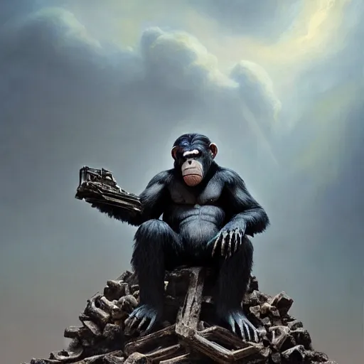 Image similar to koba from planet of the apes sitting on a throne of human bones, hero character art, koba, by chris leib and greg rutkowski in a surreal portrait, oil on canvas, volumetric lighting, 8k, hd.