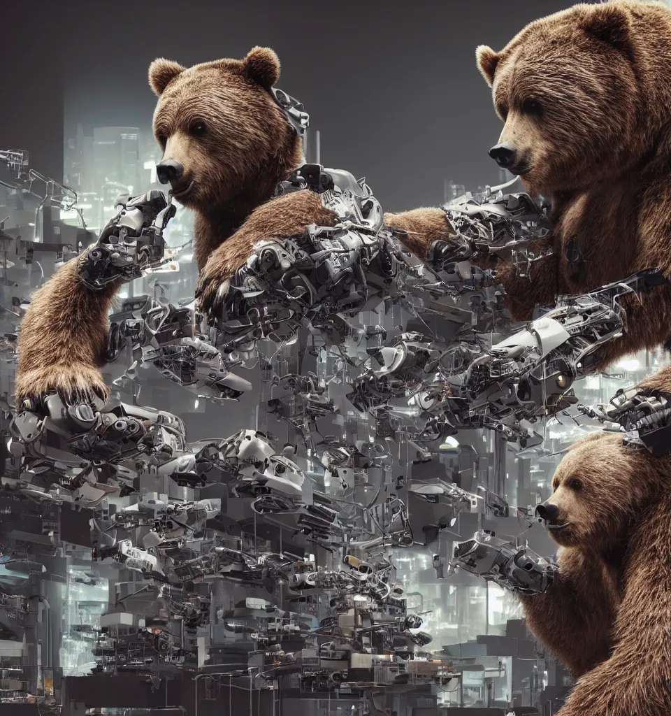 Image similar to an anthropomorphic cyborg grizzly bear dj mixing records on stage, photorealistic, highly detailed, illustration, lifelike, highly detailed, intricate, octane render, sharp focus, cyberpunk,