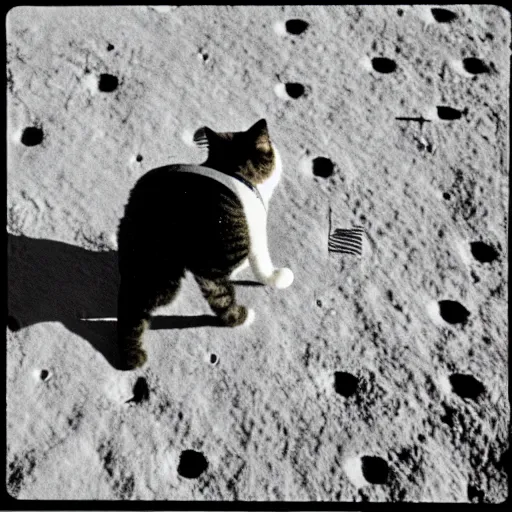 Image similar to A photo of a cat's first step on the Moon, 1969, old camera
