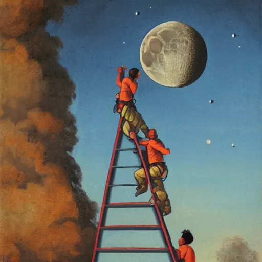 Image similar to a 1500's painting of people climbing a ladder to the moon