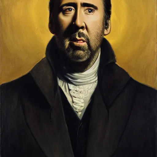 Prompt: Nicolas Cage in a black coat, religious masterpiece portrait, oil on canvas, golden hour, in the world of Andrew Wyeth and Bloodborne, artstation, by J. C. Leyendecker and Peter Paul Rubens,