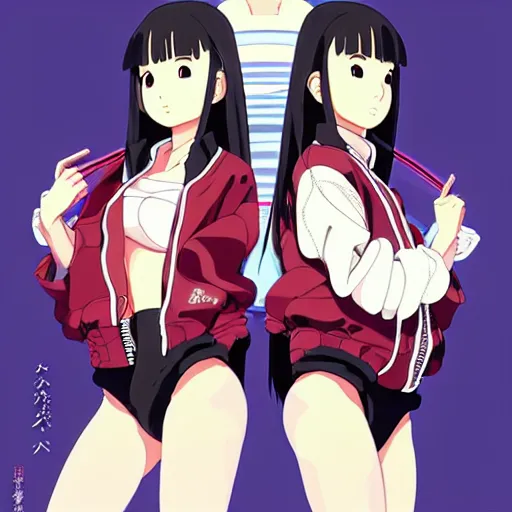 Image similar to a beautiful japanese natalie portman gravure model, wearing oversized native designer bomber jacket and leotard with overalls, bulky poofy bomber jacket with mesoamerican patterns, mesoamerican native street fashion, gapmoe yandere grimdark, trending on pixiv fanbox, painted by greg rutkowski makoto shinkai takashi takeuchi studio ghibli, akihiko yoshida