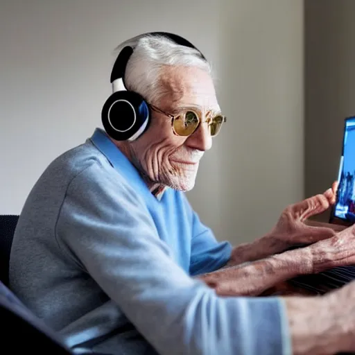 Image similar to A colored colorized real screenshot of Jerma985 as an elderly guy streaming on his computer while wearing headphones, taken in the early 2020s, taken on a 2010s Camera, realistic, hyperrealistic, very realistic, very very realistic, highly detailed, very detailed, extremely detailed, detailed, digital art, trending on artstation, headshot and bodyshot, detailed face, very detailed face, very detailed face, real, real world, in real life, realism, HD Quality, 8k resolution, intricate details, colorized photograph, colorized photon, body and headshot, body and head in view