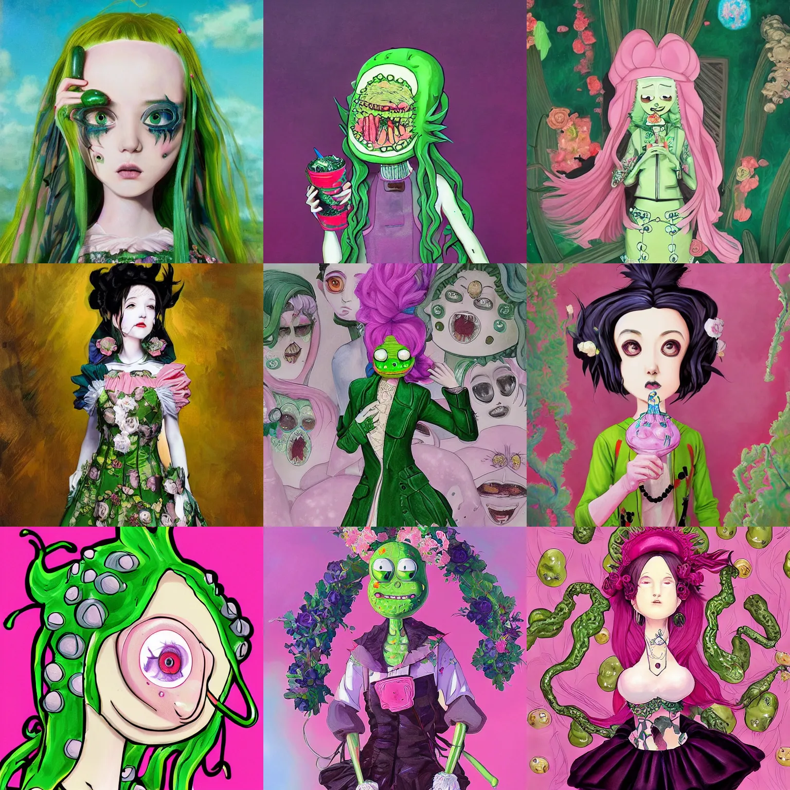 Prompt: Pickle Rick, looking like a snack, style is a blend of John singer Sargent paintings and Japanese shoujo manga, inspired by pastel goth, pre-raphaelite paintings, harajuku, photorealistic art, hyper detailed
