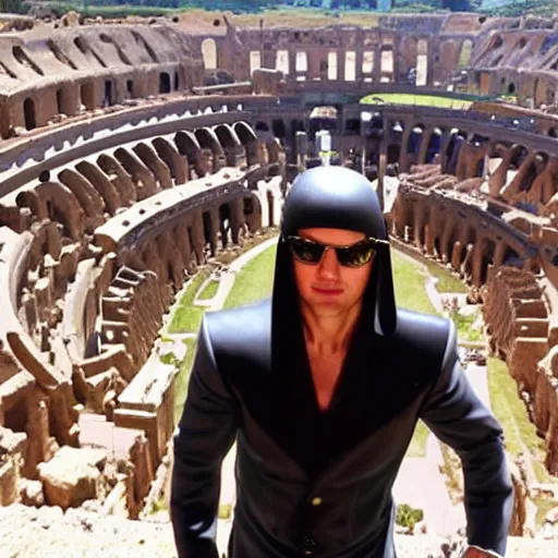 Image similar to tom cruise dressed as a pharaoh in the middle of the roman colosseum