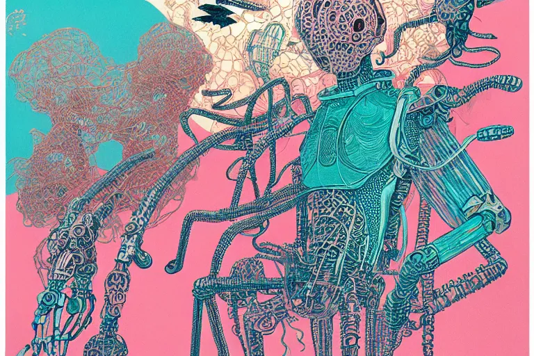 Image similar to risograph grainy drawing vintage sci - fi, satoshi kon color palette, arzach bird covered with robot parts and wires, wearing futuristic layered scaphander with lot tentacles, insects and dragonflies around, painting by moebius and satoshi kon and dirk dzimirsky close - up portrait