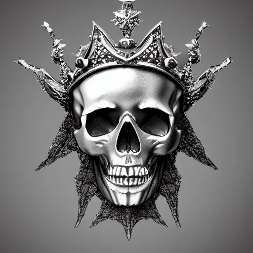 Image similar to skull queen with an origami crown, hints of silver jewelry, gothic, eerie, intricate detail, dramatic lighting, mist, grey, 4k