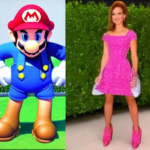 Image similar to mario from super mario wearing a pink dress, pixar animation