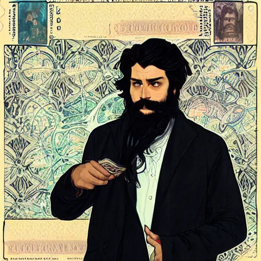 Image similar to a man with black hair and beard, wearing a black jacket, white shirt and jeans, swimming in a pool of dollar bills, sharp focus, illustration, art by greg rutkowski and alphonse mucha''