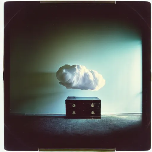 Image similar to kodak portra 4 0 0, wetplate, 3 5 mm, award winnin photo of a room with a singular cloud floating inside it