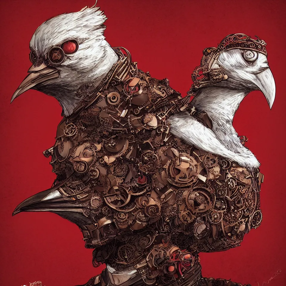 Image similar to a detailed concept art steampunk of a bust bird by miguel nogueira, gradient dark red, cream and white color scheme, dynamic lighting, cinematic, epic composition, masterpiece