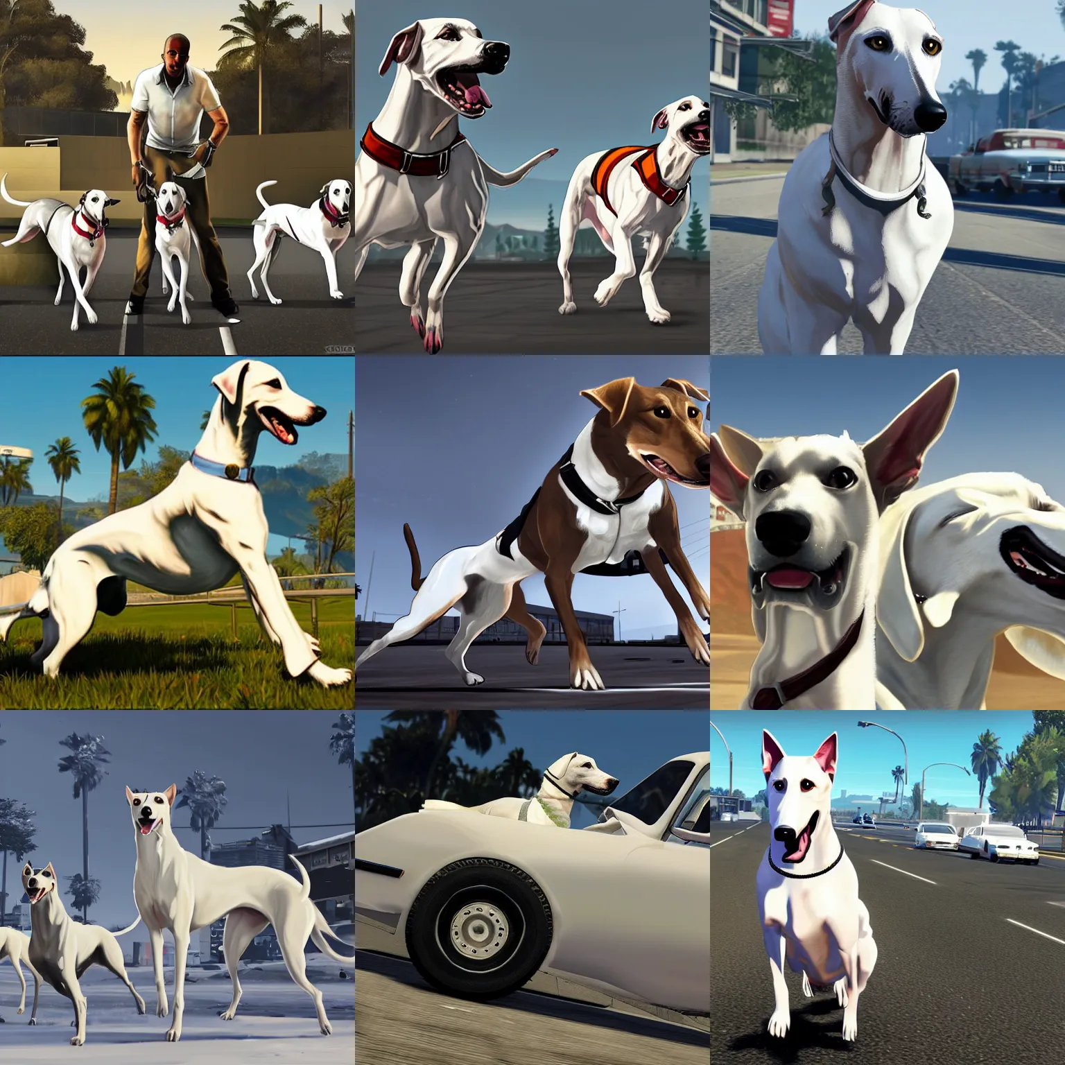 Prompt: white greyhound gta v loading screen art,