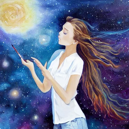 Prompt: painting, girl with beautiful face in white shirt, vast spaces, cosmic background