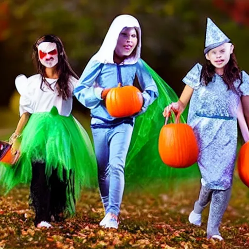 Prompt: kids trick - or - treating, halloween, costumes, night, realistic photo