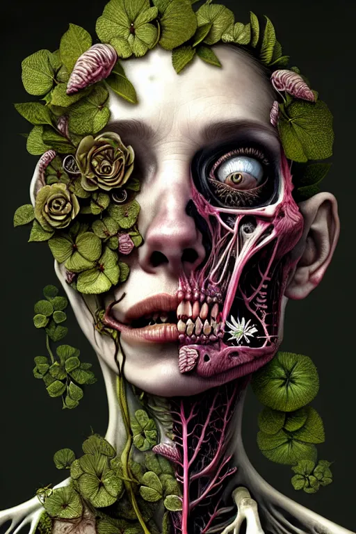 Image similar to very sad and detailed rotten woman corpse with fractal plants and fractal flowers growing around her face muscles, veins, arteries, bones, anatomical, skull, eye, ears, intricate, ornate, surreal, ray caesar, john constable, guy denning, dan hillier