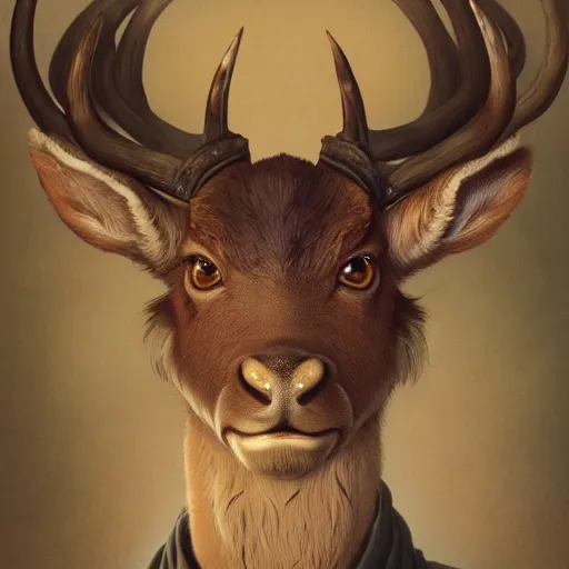 Image similar to highly detailed portrait of a stylized deer, stephen bliss, unreal engine, greg rutkowski, ilya kuvshinov, ross draws, hyung tae and frank frazetta, tom bagshaw, tom whalen, nicoletta ceccoli, mark ryden, earl norem, global illumination, god rays