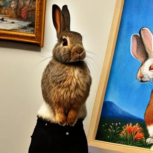 Image similar to a rabbit posing proudly next to a painting of a human