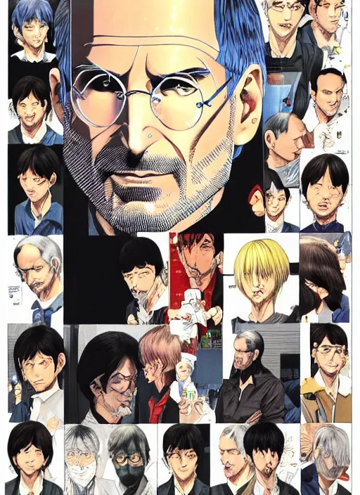 Prompt: steve jobs manga in color, final page, portrait, by katsuhiro otomo and hiroya oku and makoto yukimura