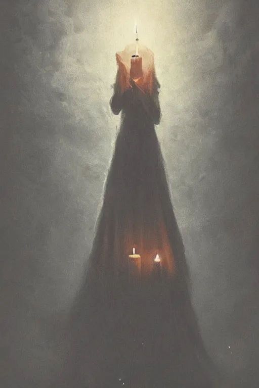 Prompt: Spirit holding a candle in the middle of the room, horror, illustrated by Greg Rutkowski and Caspar David Friedrich., Trending on artstation, artstationHD, artstationHQ, 4k, 8k